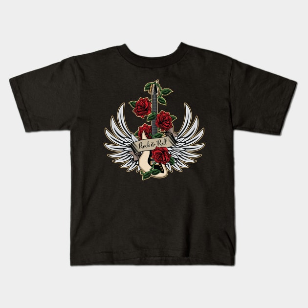 Guitar Wings Roses Rock and Roll Vintage Retro Music Design Kids T-Shirt by hobrath